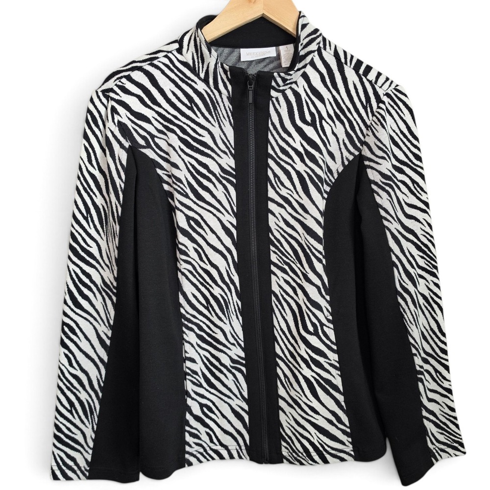 Chicos Weekends Jacket Womens 1 US Medium Black White Animal Print Full Zip Knit